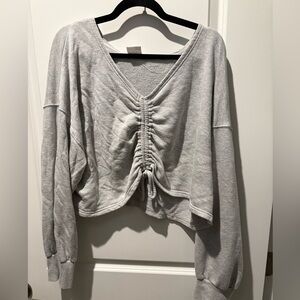 Gray Ruched cropped V-Neck terry sweatshirt